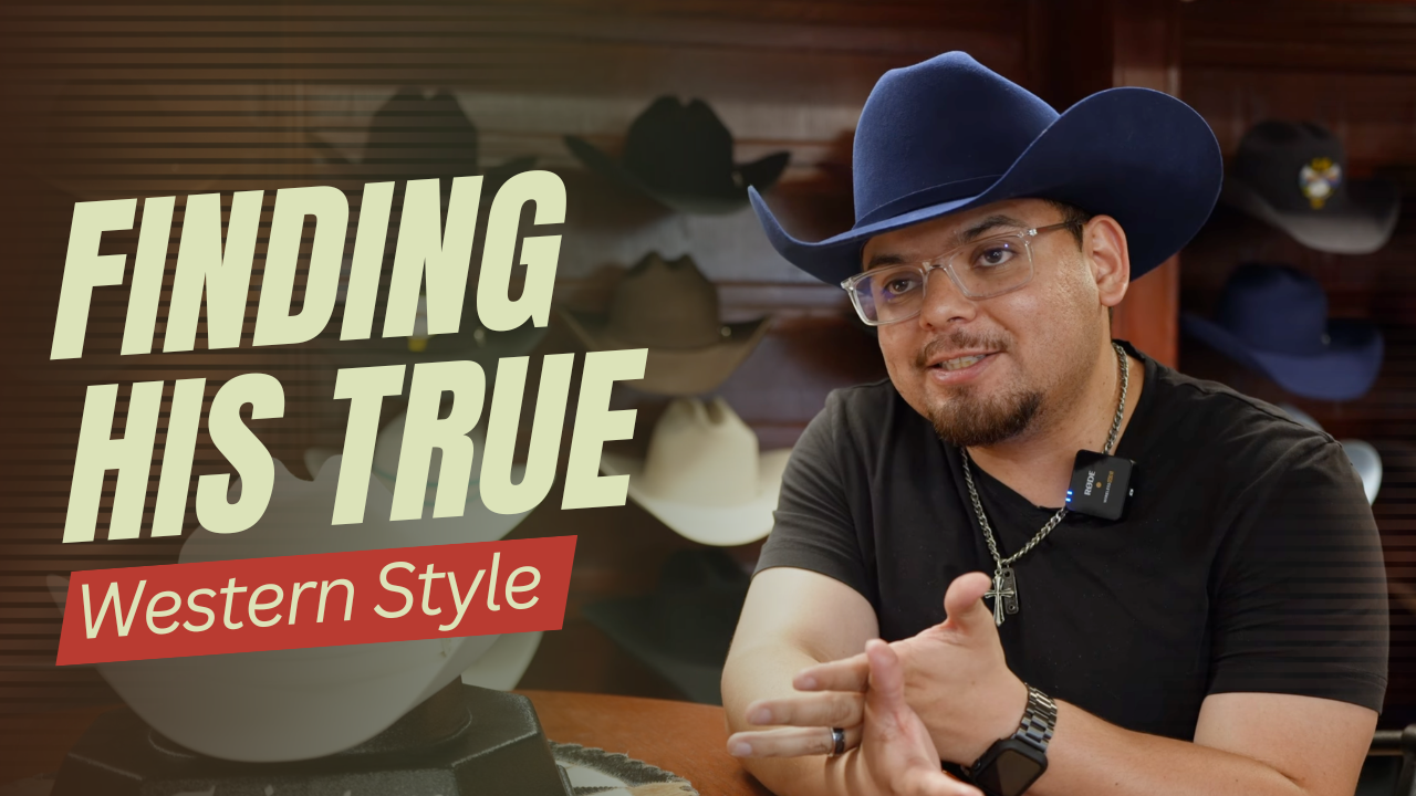 Man wearing a blue cowboy hat inside the Twinstone Hats showroom with text reading Finding His True Western Style