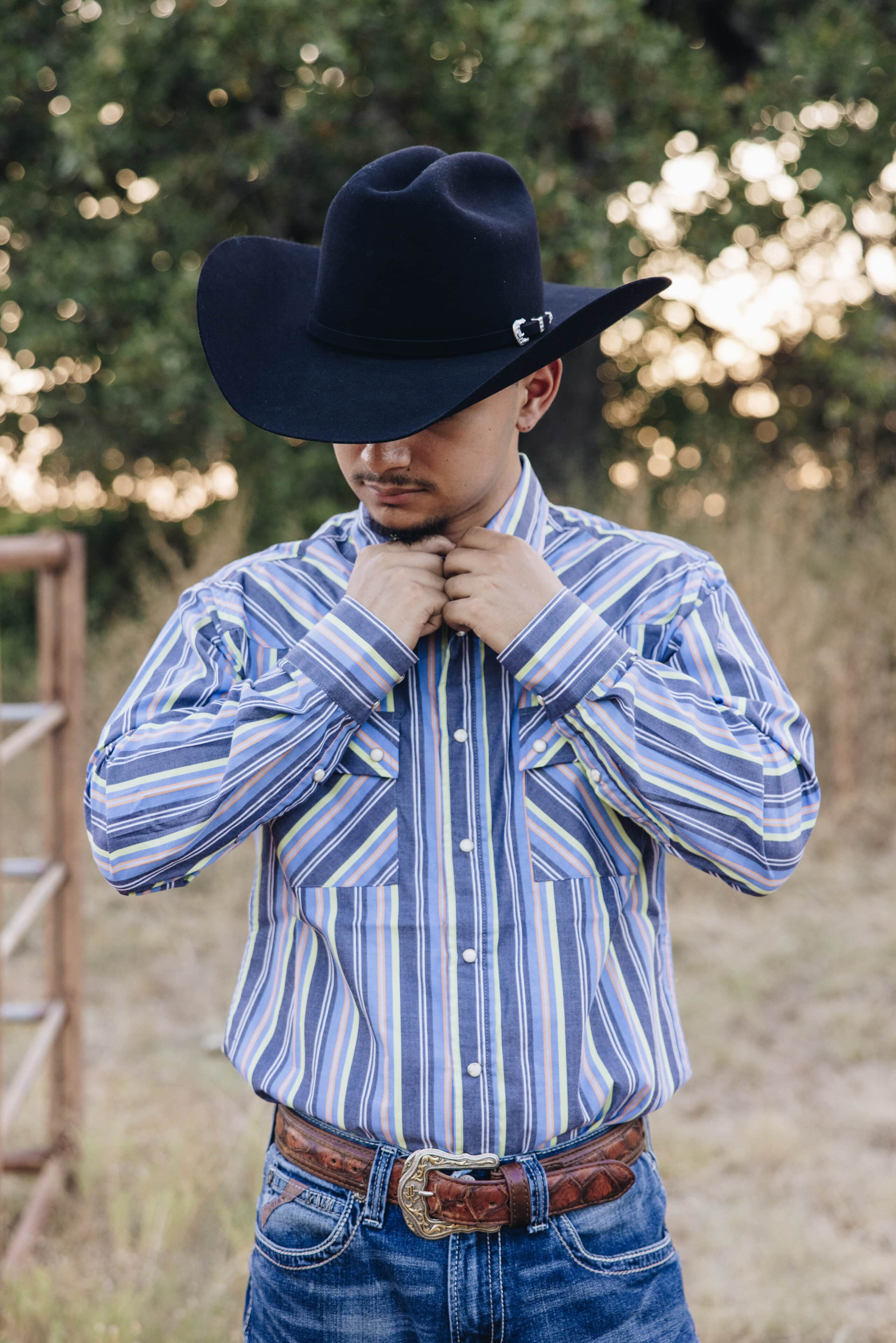 man wearing a cowboy hat and blue striped button up shirt