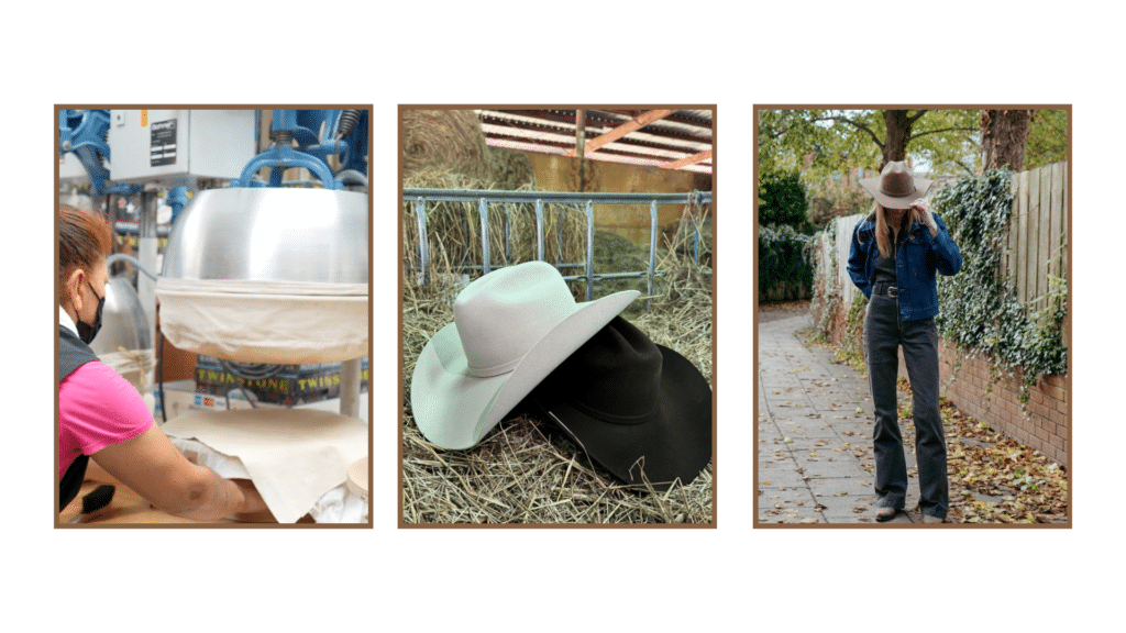 employee from twinstone hats handcrafting a cowboy hat, black and light colored cowboy hat near hay barrels, a woman in a jean outfit wearing a twinstone hat cowboy hat