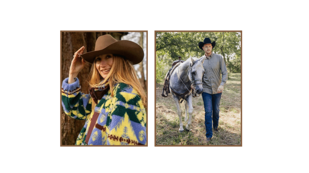 a woman waering a colorful sweater and a pecan twinstone hat cowboy hat, a man wearing a black twinstone hat cowboy hat while walking a horse at a ranch