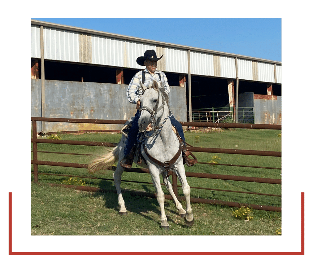 man wearing a twinstone cowboy hat dressed in a plaid button up and jeans on a white horse