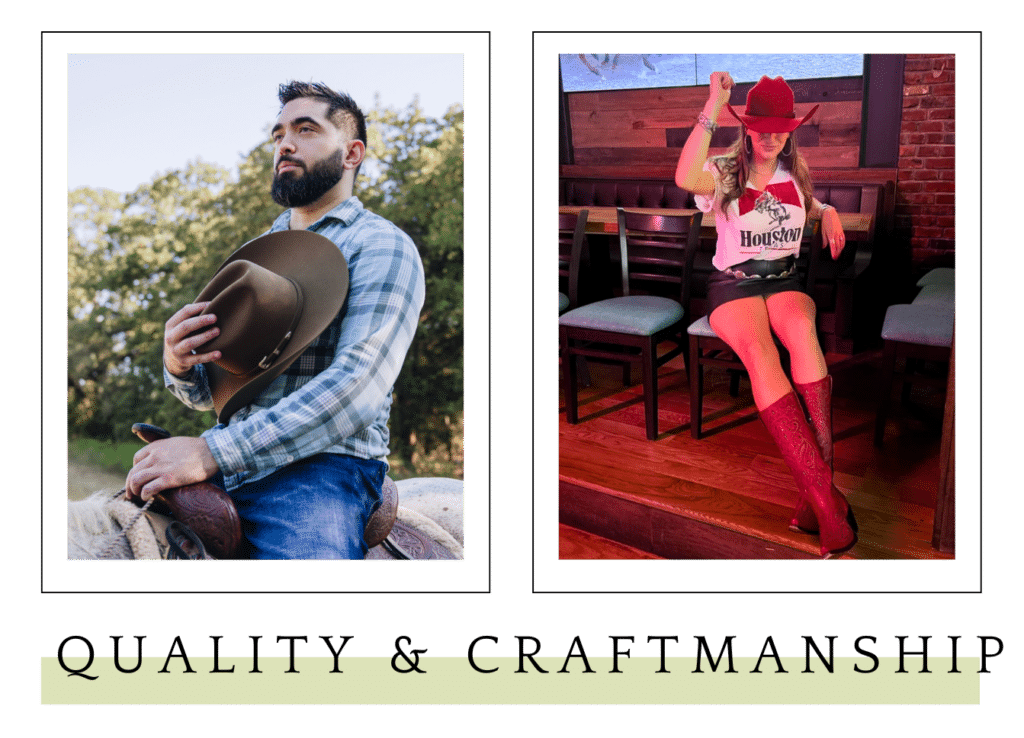 quality and craftmanship - a man dressed in a button up while riding a horse holding a twinstone hat to his chest while a woman sits in a bar with bright red boots wearing a twinstone bright red cowboy hat