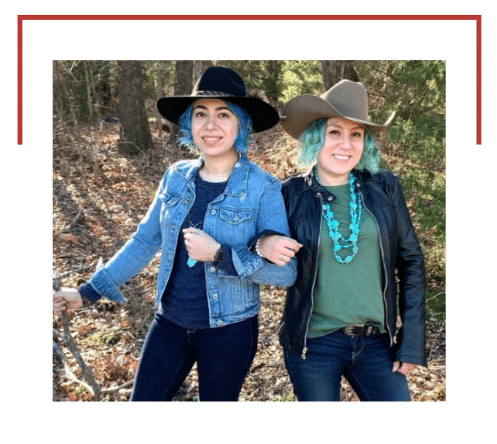 twinstone hat's owners elvia and eva wearing cowboy hats from their collection in denim and leather