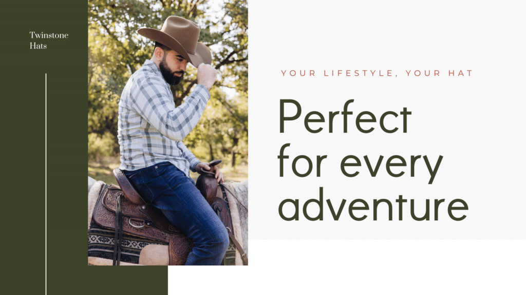 A cowboy in a brown hat riding a horse in a countryside setting, with the text "Perfect for every adventure" from Twinstone Hats