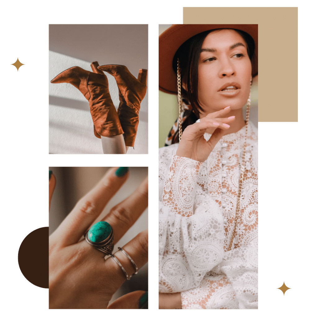 A collage of western-style accessories, including a brown cowboy hat, turquoise rings, and leather boots.