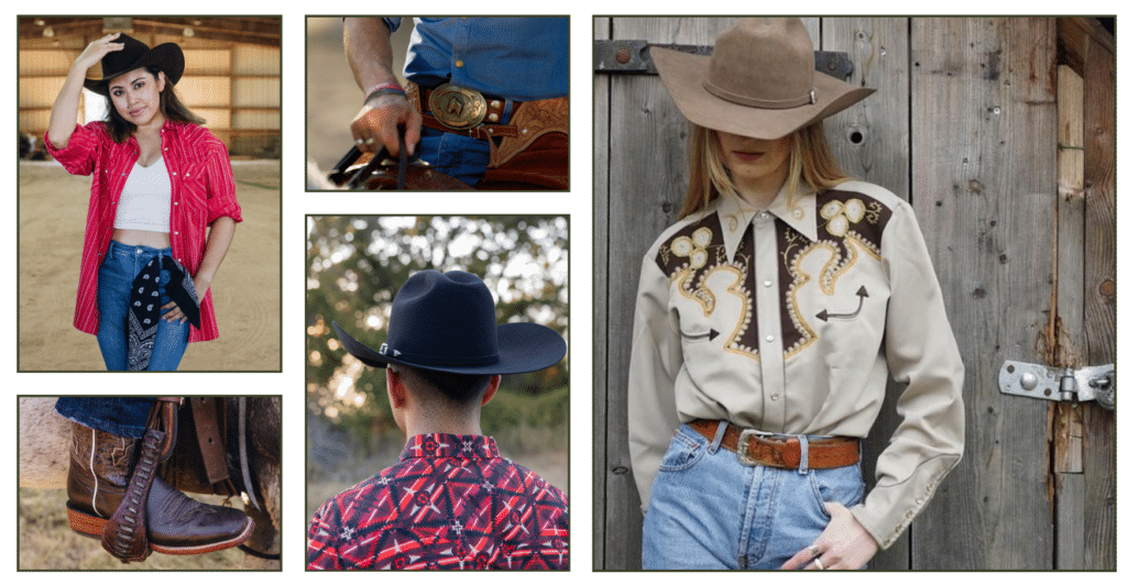 A collection of western festival outfit accessories, including cowboy hats, boots, and belts.