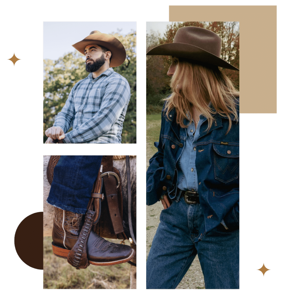 A collage of men and women wearing classic cowboy hats, denim outfits, and boots.