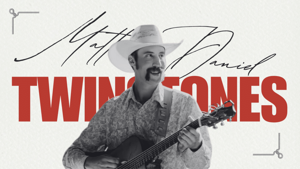 Country artist Matt Daniel in a cowboy hat playing guitar, featured on a Twinstone Hats promotional banner.