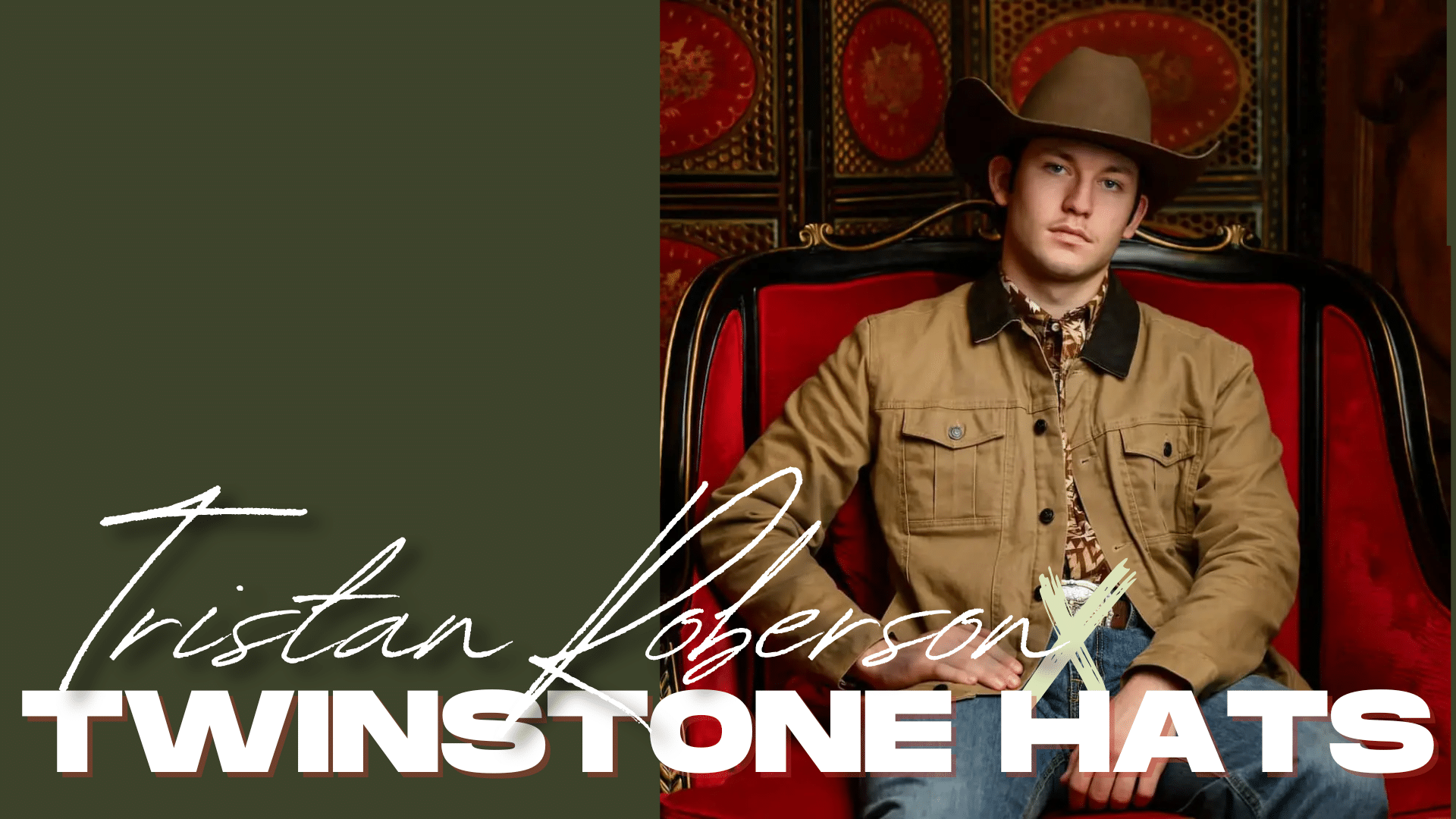 Tristan Roberson seated in a red chair wearing a cowboy hat and jacket, featured in a Twinstone Hats promotional banner.
