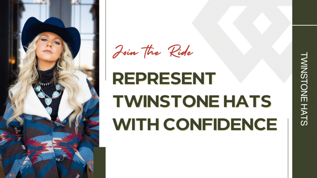 Confident woman in a blue cowboy hat and Southwestern coat promoting Twinstone Hats with bold text beside her.