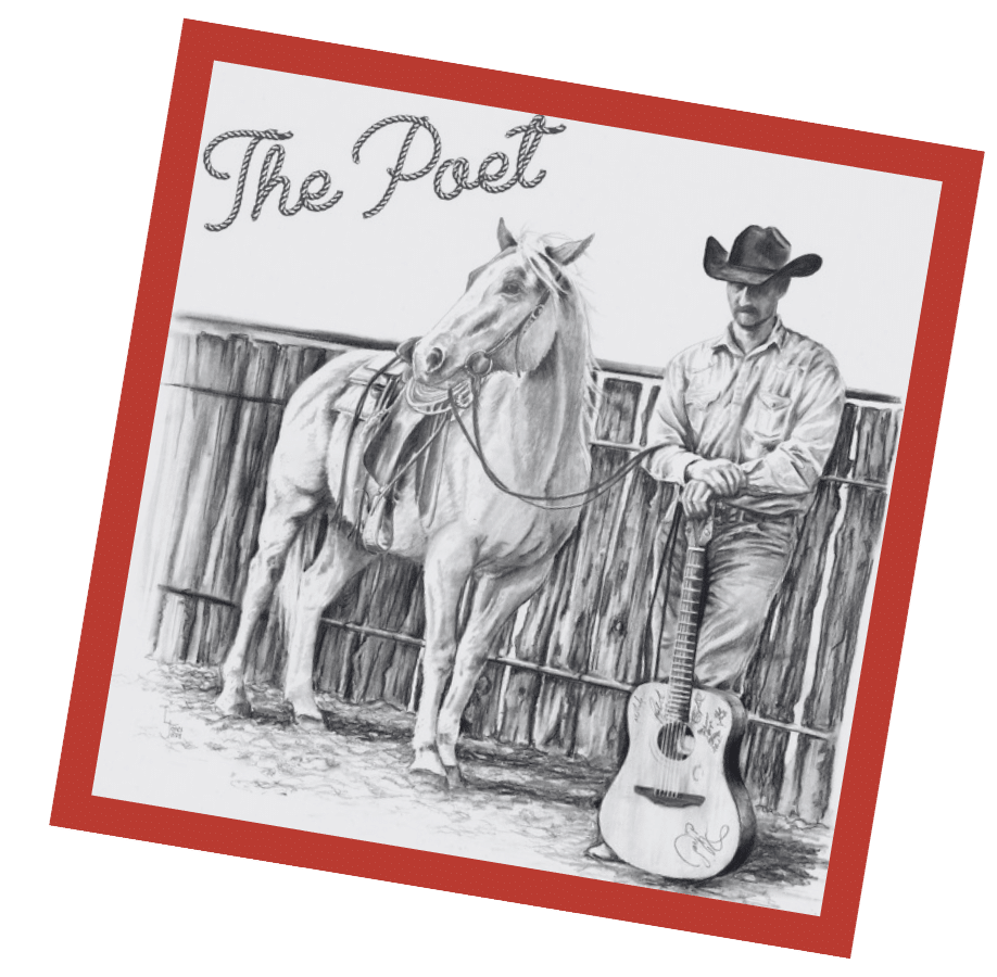 Black and white sketch of a cowboy and horse with a guitar, titled “The Poet,” representing Western storytelling.