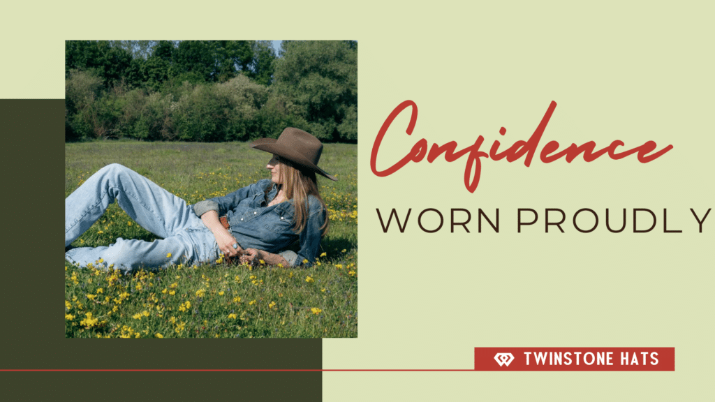 Woman in denim and cowboy hat relaxing in a field with text “Confidence Worn Proudly” and Twinstone Hats logo.