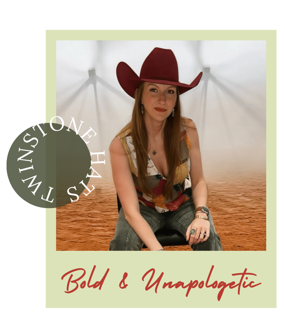 Confident woman in a burgundy cowboy hat with text “Bold & Unapologetic” and Twinstone Hats branding.