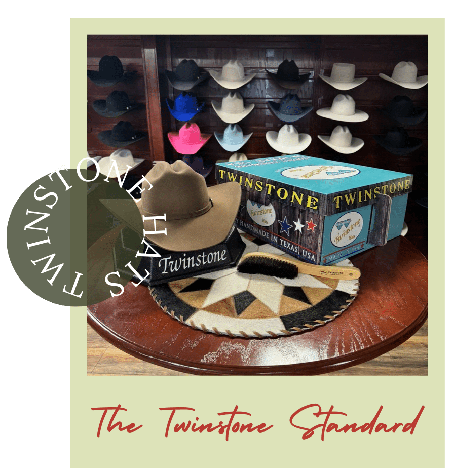 Twinstone cowboy hat and branded packaging in front of display wall, captioned “The Twinstone Standard.”